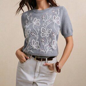Grey Casual Women's Floral Butterfly Embroidered Short Sleeve Sweater